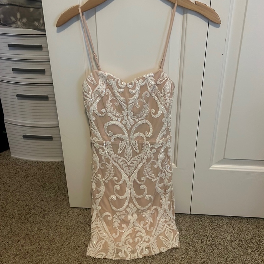 Creamy beige/ creamy pink short/tight homecoming dress ,